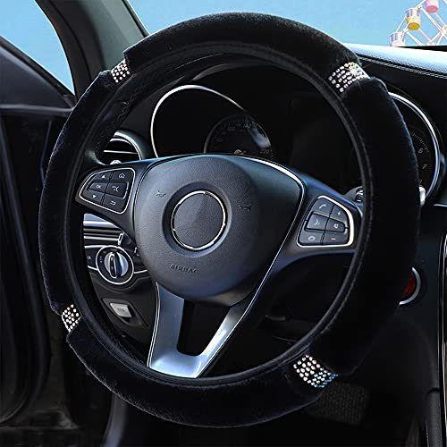 Universal Auto Lenkradbezug Glitzer Bling Plüsch Lenkradhülle,Warm Winter-Schutz Rutschfest Teleskop Lenkrad Abdeckung Rhinestones Auto-Dekorzubehör Lenkradabdeckung Lenkradschoner für Damen,Schwarz