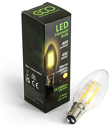 ECO 40W Energy Saving Candle Light Bulb, Low Power 4W Vintage Style LED Filaments, 400 Lumen, Clear Glass, Warm White (2700K), B15 Small Bayonet Fitting, 25000Hrs Lifetime. (1xPACK)