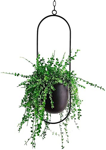 Anawakia Hängender Blumentopf Metall Hängend Blumenampel Hängende Blumenampel Metall Dekorationstopf Decke hängender Übertopf Pflanzkorb (Schwarz Oval)