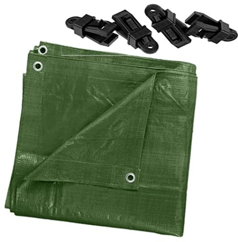 5 x 6 m Tarpaulin Waterproof Heavy Duty Cover Camping Ground Sheet Caravan Furniture Multipurpose + 4 Tarp Clips (Green – 90 GSM)