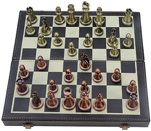 Schachspiel aus Metall für Erwachsene und Kinder – Deluxe-Schachbrett mit Schachfiguren – Reise-Schachspiel aus Holz – Faltbares Schachbrett aus Leder – Ideal für Anfänger und professionelle Spieler