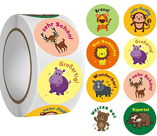 Motivationsaufkleber für Kinder, 500 Stück Selbstklebende Runde Tier Belohnungsaufkleber Lehrer Belohnungssticker Belohnung Aufkleber mit 8 Süßer Tiere Lob Belobigung Sticker für Schule Klassenzimmer