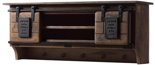 MASSIVMOEBEL24.DE | Railway- Massive Wandgarderobe | braun geölt | aus Mangoholz | offen mit Schiebetüren + Eisenelementen | 115x30x45 | Wandboard Schweberegal Regal