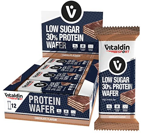 VITALDIN SPORT Low Sugar 30% Protein Wafer Chocolate-12 barres de gaufrettes protéinées avec gaufrettes x40gr;saveur chocolat - Haute teneur en protéines et faible teneur en sucre-Sans sucres ajoutés