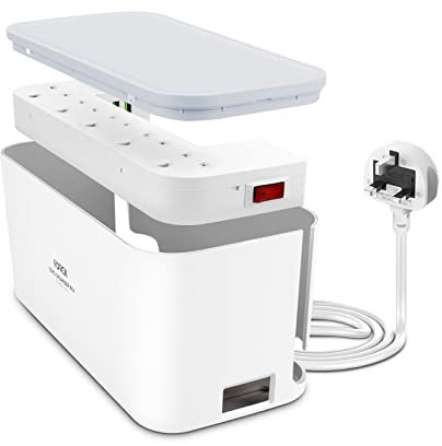 Extension Lead with USB Slots Cable Tidy Box, FDTEK 5 Way Plug Extension with 3 USB Ports and Cable Management Box, UK Power Strip with 2M Cable Overload Protection Switch for Home Office