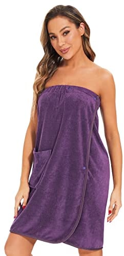 Ymmchy Sauna Frottee Bademantel Damen Saunatuch Saunakilt mit Druckknöpfen, Tasche und Gummizug Violett L