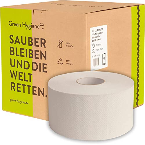 1 Palette Green Hygiene JUTTA-RENATE, Jumbo-Toilettenpapier, 2-lagig, Recycling, schön weiß, 180m, 9x22cm, Ø Rolle: 19cm, 16 Rollen/VE, 30VE/Pal. Jumborolle, Klopapier, co2-neutralisiert, plastikfrei