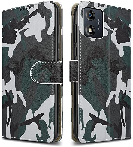 PIXFAB For Motorola E13 Leather Phone Case, Magnetic Closure Full Protection Book Folio Design, Wallet Case Cover [Card Slots] and [Kickstand] For Motorola Moto E13 - Camouflage