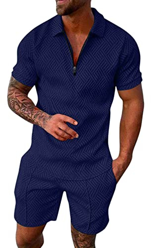 Herren Trainingsanzug Set Sommer Sportanzug 2 Teiliges Outfit Sport Set Kurzarm T-Shirt + Kurze Hose Sets Freizeitanzug Business Polo Hemd mit Halber Reißverschluss Zweiteiliges Set