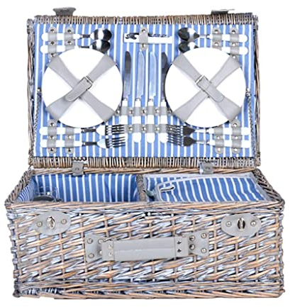 FURLOU Picknickkorb Picknickkorb aus Weidengeflecht mit Besteck-Isoliertasche Baumwolle Leinenfutter Picknickkorb im Retro-Stil für 4 Personen 54 x 34 x 20 cm