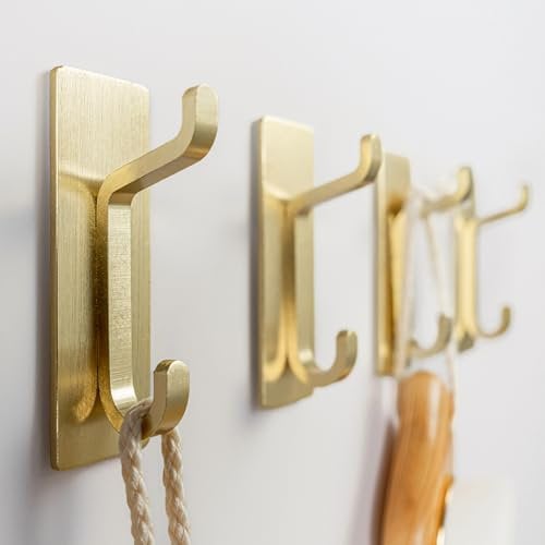 Gold Self Adhesive Hooks: Small Stick On Wall and Door Hooks for Hanging, Bathroom Towel Hooks and Coat Hooks, Robe Hook Wall Mounted, 4 Pack