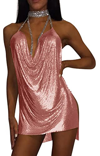 AMDOLE Dresses for Summer Metallic Sequin Dress Sexy Sweet Spicy Ladies Dress Rhinestone Suspender Dress Maxi Dress for Women Rose Gold