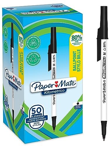 Paper Mate Kilometrico Kugelschreiber | lange Schreibdauer mit mittlerer Spitze (1,0 mm) | schwarze Tinte | 80% recyceltes Plastik | 50 Stück