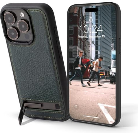 Snakehive Metro Leather Case Compatible with iPhone 15 Pro || Genuine Leather & Wireless Charging Compatible Cover with Kickstand || Real Leather Phone Case (Green)