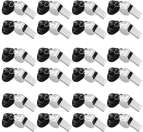 alwaiiz 24 Pièces Sifflet, Sifflets en Acier Inoxydable, Sifflet de Sport avec Cordon, Convient pour Les Entraîneurs, Les Arbitres et la Formation des Animaux, Argent