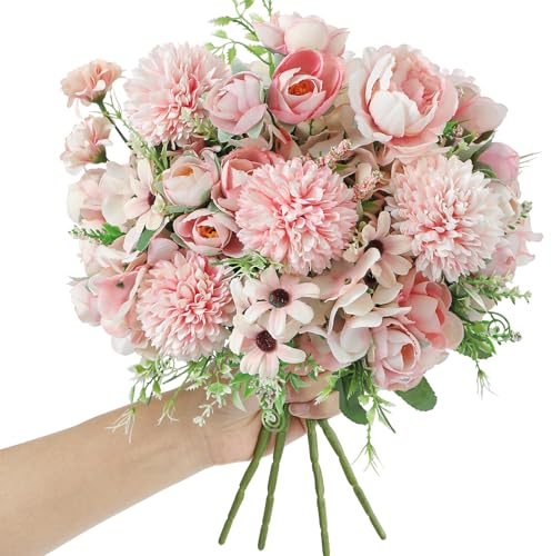 Serwalin 4 mazzi di fiori artificiali, bouquet di ortensie in seta rosa, bouquet di fiori finti per cimitero, matrimoni, decorazione della casa (senza vaso), JH-HS-837