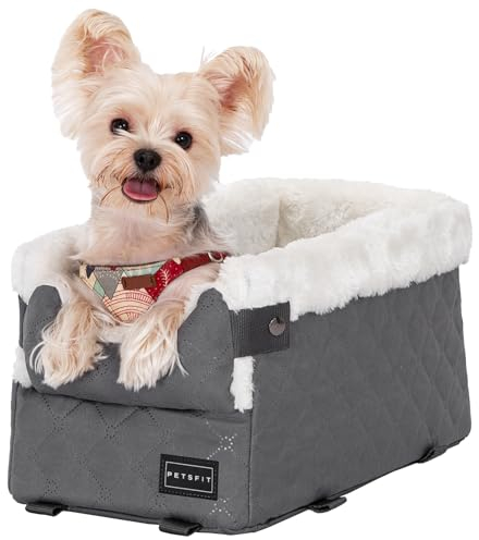 PETSFIT Hundesitz Mittelkonsole Auto, Hunde Autositz für Kleine Hunde mit verbesserten Sicherheitsgurten, waschbarem, dickem Kissen für kleine Hunde bis zu 5KG