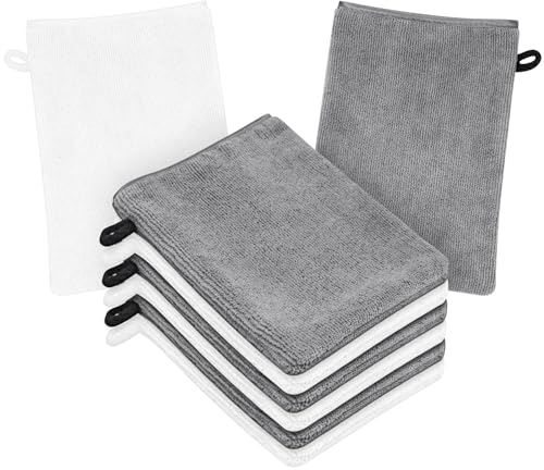 HOTUT 8 Pack Microfiber Body Wash Mitts, 15x20 cm Flannels Soft Shower Face Mitts, Face Cleansing Mitts, Soft Face Mitten, Bath SPA Cloth, Reusable Makeup Remover Mitt Gloves (White, Gray)
