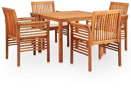 Gecheer 5-teiligen Garten-Essgruppe Möbelset Mit Auflagen,1 Esstisch,4 Essstühle,Gartenmöbel Set Esstischgruppe Hervorragende Belüftung Dank Lattendesign,Witterungsbeständig,Massivholz Akazie