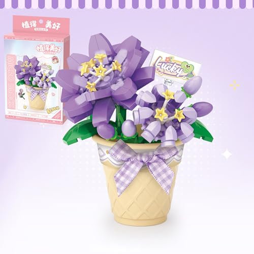 MEIEST Mini Flower Succulent Bonsai Building Blocks,Simulation Pot Plant Particle Flower Botanical Collection Construction Building Bricks Toy,Home Decors (Iris laevigata)