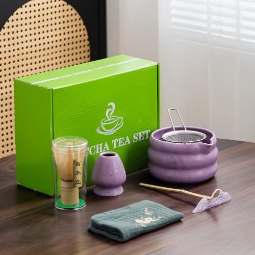 Service à thé matcha japonais 7 pièces avec bol à matcha (avec bec verseur), fouet à matcha, porte-fouet, passoire – Ensemble élégant pour cadeau et usage personnel, emballage cadeau (violet)
