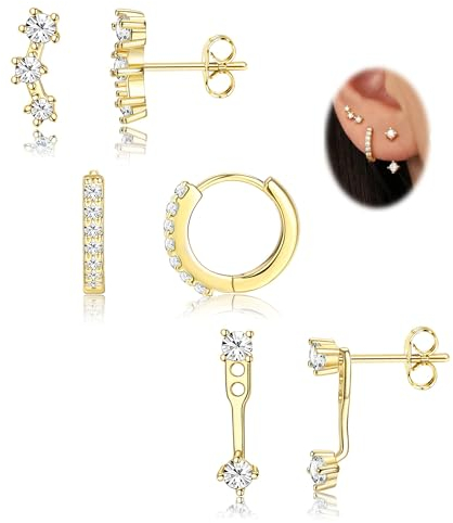 Ohrringe Silber 925 Set Für Damen - Hypoallergen Piercing Ohr Creolen Gold Kleine Ohrstecker Silber 925 Stapelbar Zirkonia Ohrstecker Ohrringe Helix Piercings Für Mehrere Ohrlöcher Gold,Weiß CZ