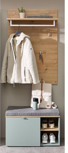 Lomadox Garderoben Set Flurgarderobe modern Schubank inkl. Sitzpolster Garderobenpaneel grün matt mit Eiche