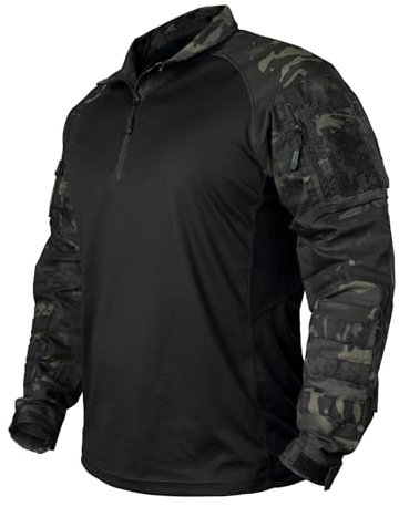 IDOGEAR Kampfhemden Taktisches Langarmhemd mit Ellbogenschützern Militär BDU Hemden mit Taschen Airsoft Kleidung (camo Black,Large)