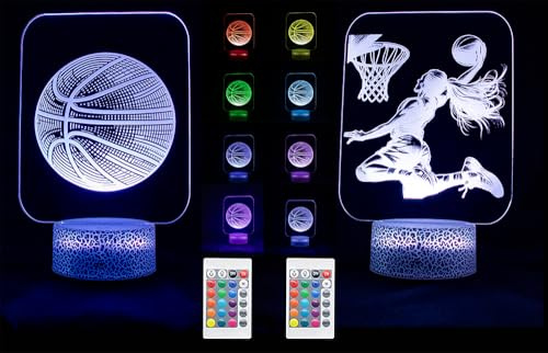 2er Set 3D Sport Nachtlicht für Kinder und Erwachsene, LED Lampe mit 16 Farben, Fernbedienung und Touch, USB oder Batteriebetrieb, Deko Licht für Schlafzimmer, Geburtstag-Weihnachten (Basketball Frau)