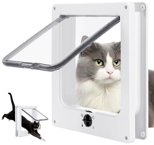 Porticina per Gatti, 27 * 23 * 5,5 cm Sportello per Gatti, Gattaiola per Gatti, Porta per Gatti e Cani, 4 vie Chiusura Per Porta Per Animali Domestici, Bianc