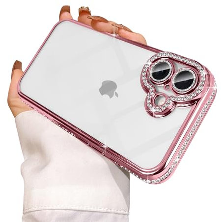 Reownest Clear for iPhone 16 Plus Case Cute Crystal Glitter Bling Women Girls Aesthetics Phone Cover with Sparkle Diamond Camera Len Protector -Pink