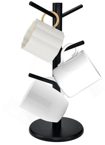 KYYGKY 6 Cups Mug Tree Bamboo Cup Holder Tree Coffee Cup Holder Storage Rack Wood Cups Holders Storage Organizer Kitchen Mug Stand Hanger with Thickened Base for Coffee Mugs Tea Trees, Black