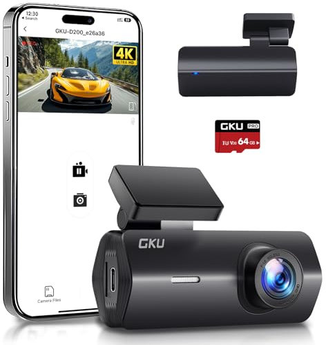 GKU 4K Dash Cam,Dash Cam Front with UHD 2160P, DashCam Built-in WiFi, 24H Parking Monitor,Night Vision,WDR,170° Wide Angle,Loop Recording,G-Sensor,DashCam Includes 64GB SD Card,Supports 256GB Max
