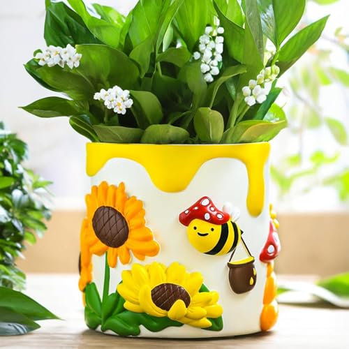 AmiCera Bee Sunflower Große Blumentopf 20 cm, Niedliche Pflanztöpfe mit Drainage, Regenbogen Kleine Pilze Sukkulenten Pflanzentopf für Zimmerpflanzen, Lustige Eklektische Garten Geschenke