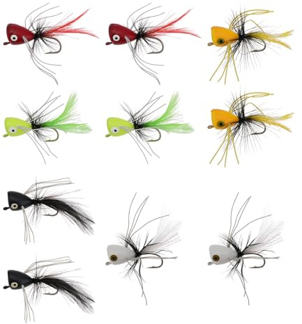 EMSea 10 Stück Popper Zum Fliegenfischen Schaumstoff-Popper-Fliegen Größe 6 Weiß Schwarz Rot Gelb Orange - Oberflächenköder für Barsch Sonnenbarsch Forelle Sonnenbarsch
