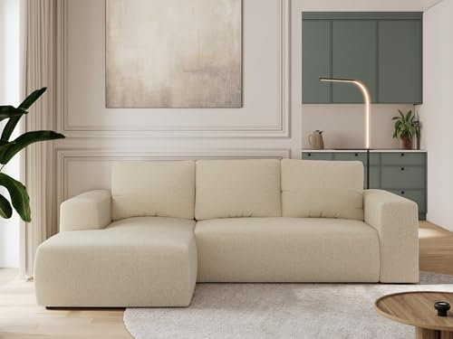 MKS MEBLE Sofa mit Schlaffunktion - Ecksofa mit Schlaffunktion und Bettkasten - Sofa 3 Sitzer - Schlafsofa - Couch - Schlafsofa mit Bettkasten - Trentino L - Beige Boucle - Links