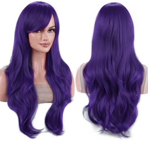IMISSU 70 cm capelli lunghi acqua parrucche ondulate con frangia parrucca costume cosplay (Viola scuro)