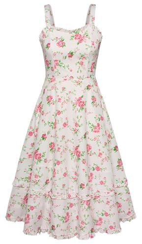 Belle Poque Damen Midi Sonnenkleid Elegant Herz Ausschnitt Geschichtet Kleid Rosa Blumen XXL