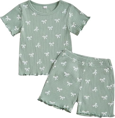 Fnaobai Bambino Vestiti Estivi Bambina Volant A Coste Maglia Maniche Corte Carino Fiocco T Shirt Top e Pantaloncini Outfit
