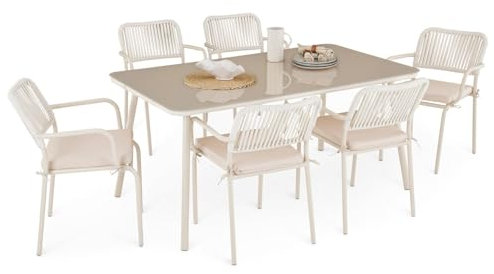 IDIMEX Gartenmöbel Set VOLONTE 1 Tisch 6 Stühle, Beige – Wetterfeste Sitzgruppe mit Glasplatte & Rope-Bespannung für Garten Terrasse Balkon