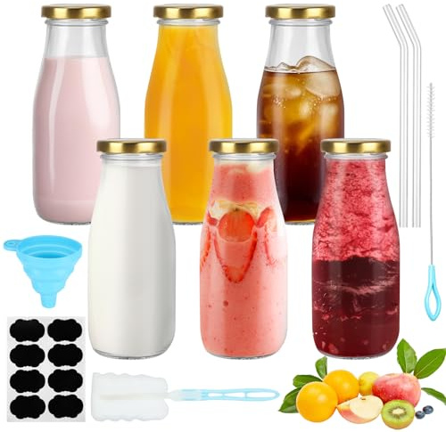 6 botellas de cristal de 280 ml, para rellenar, botellas de batido | Con paja, embudo, cepillos, etiquetas, botellas de zumo reutilizables para zumos, leche, batidos (tapa dorada)