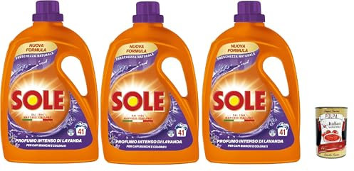 Sole Freschezza Naturale, Lavanda, 41 Wäschen, Desinfektionsformel, natürliche Frische Flüssigwaschmittel für die Waschmaschine entfernt Flecken bei niedrigen, 3x 1845ml + Italian Gourmet polpa 400g