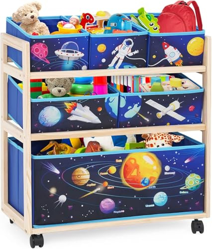 EULEUY Spielzeugregal Kinderzimmer, Kinderregal Mit 6 Boxen 3-Stöckiges Spielzeug-Organizer, Spielzeugkiste Kinderzimmer Kinderzimmer, Schule, Kindergarten Planetenmuster (Blau)