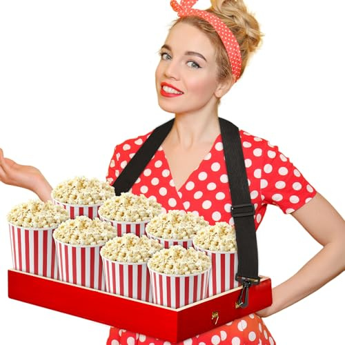 Bonerwhite Wooden Snack Trays with Strap Red Movie Night Party Usherette Serving Tray 15.7 x 11.8 x 2.2 Inch Wooden Popcorn Drink Beverage Carrier for 20's Theme Costume Accessory Prop Adult Carnival
