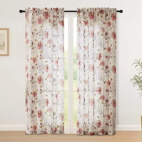 Simplebrand Floraldruck Gardinen mit Doppelperforationstechnik 2er Set 130Bx175H Voile Vorhänge Mit Bleistiftfalten Luftig Weich Moderner Deko Stil Für Alle Räume