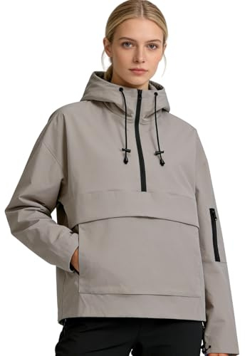 PUFFIT Regenjacke Damen Wasserdicht, Kapuzenpullover mit Großer Brusttasche | Oversized leichte atmungsaktive Windbreaker Anorak Jacke für Frauen, wasserdichte Reißverschlüsse, Alltag, Wandern & Outdoor