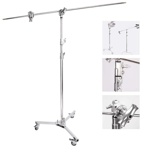 BOLLUMA Schwerlast-C-Stativ mit Galgenarm und Rollen, max. Höhe 326 cm, Edelstahl-Lichtstativ mit 127 cm Haltearm, 2X Klemmköpfe für Softboxen, Reflektoren, Schirme, Blitzgeräte und Videoleuchten