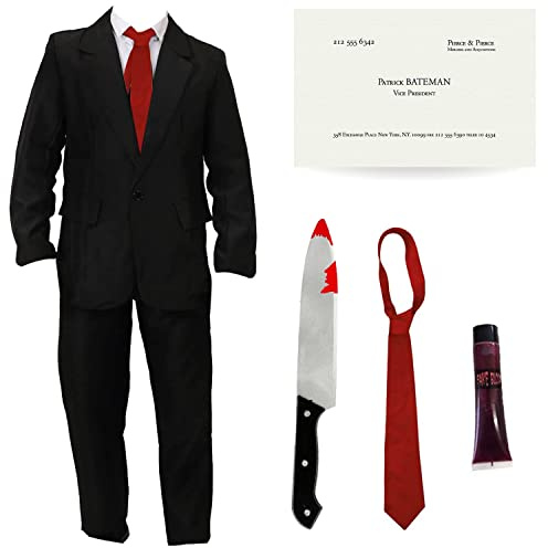 Patrick Bateman Kostüm für Erwachsene, Größe XXL, schwarzer Anzug + blaue Krawatte + blutiges Messer + Visitenkarte + Kunstblut – American Psycho Character Halloween Kostüm