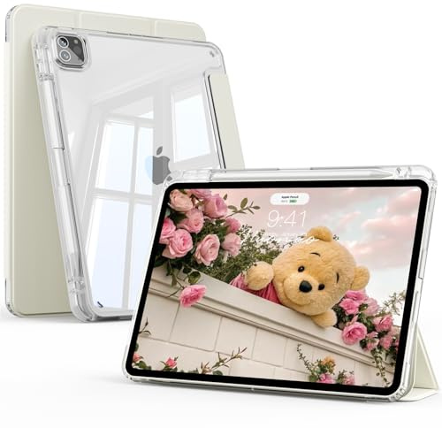KTGGHG Clear Case for iPad Air 13 8/7/6th Gen & Pro 12.9 6th/5th, White | Shockproof TPU Frame with Pencil Holder, Clear Hard PC Back Cover, Pencil Charging, Slim & Lightweight, Auto Wake/Sleep