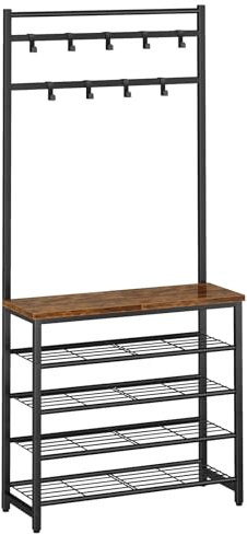 IBUYKE Garderobenständer mit Schuhregal, 188cm Hohe,Rustikale Braun TXJ007H | 5 Ebenen Schuhschrank mit Garderobe, Kleiderständer mit 9 Verstellbaren Haken, für Eingang Flur Schlafzimmer Wohnzimmer